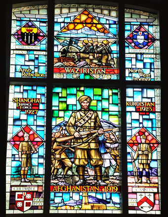 Stained glass window in the Indian Army Memorial room depicting a Sikh Soldier in the centre